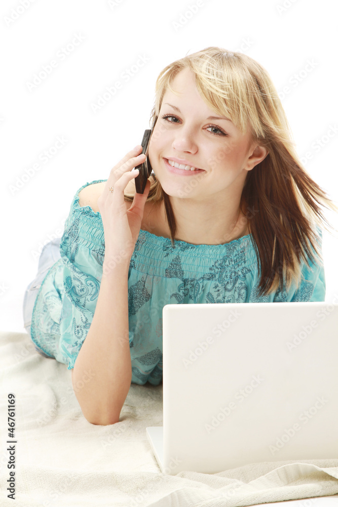 Happy woman with laptop and cellphone Happy woman with laptop and cellphone