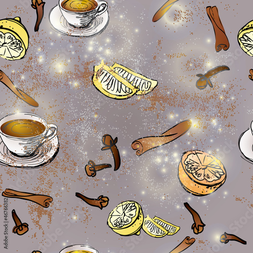 A cup of black tea with lemon / Seamless drawn background
