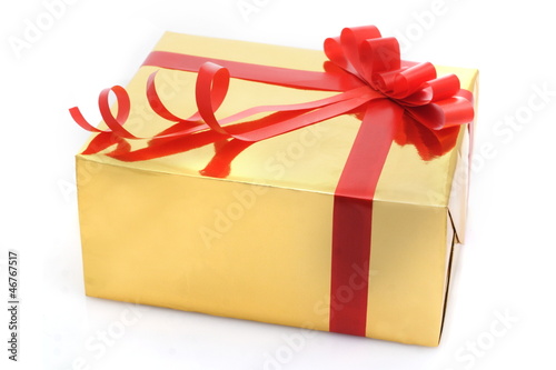 Gift box with red tape on white background