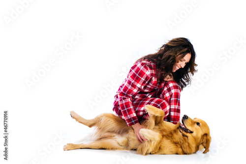 Photography Woman tickling her dogs belly