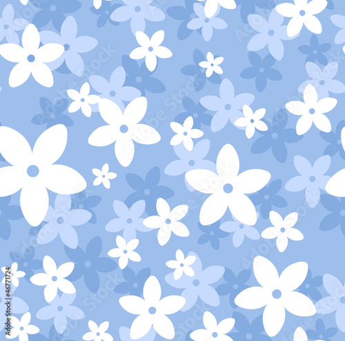 Vector seamless pattern with white and blue flowers.