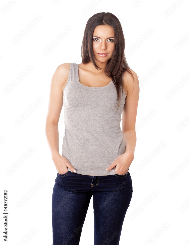 Young woman standing isolated on white background