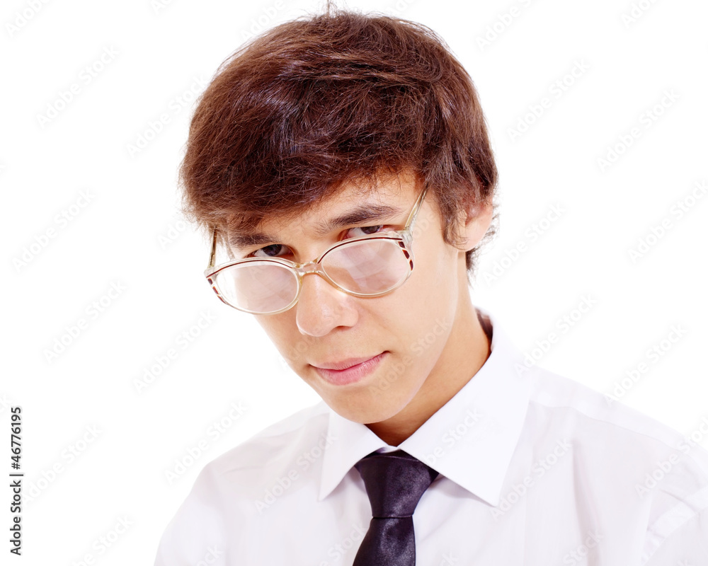 Young geek in funny glasses
