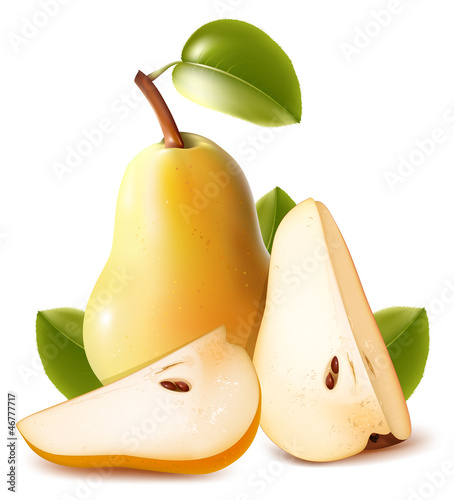 Ripe pears with green leaves