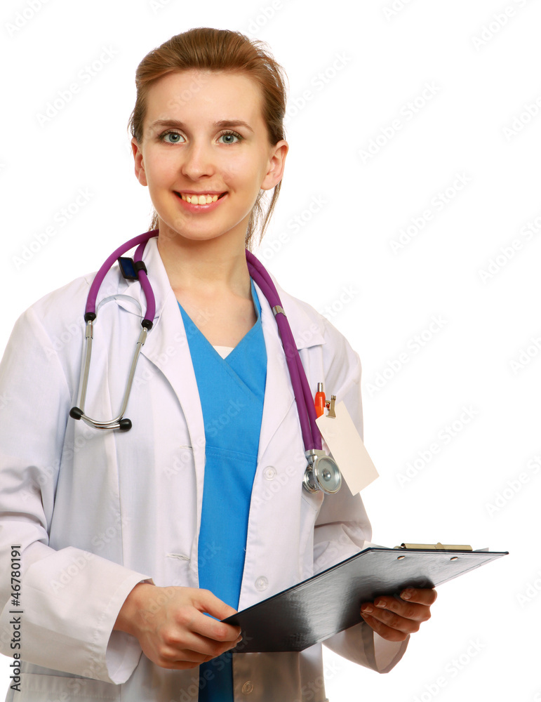 A female doctor with a folder , isolated on white background A female doctor with a folder , isolated on white background