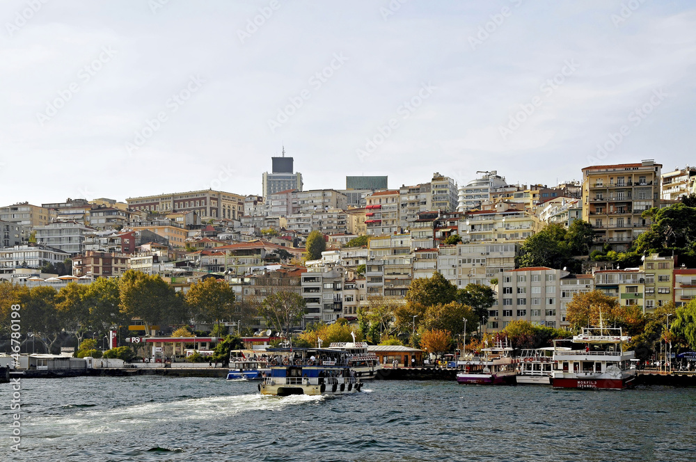 Blick vom Bosporus auf das moderne Istanbul und den Bootsanleges