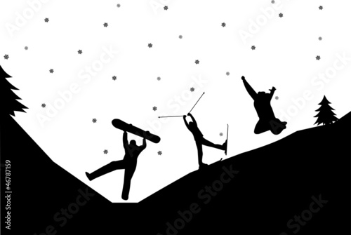 Girls and boys on snowboard and skies in winter