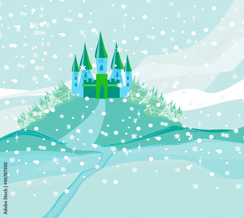 Winter landscape with castle.