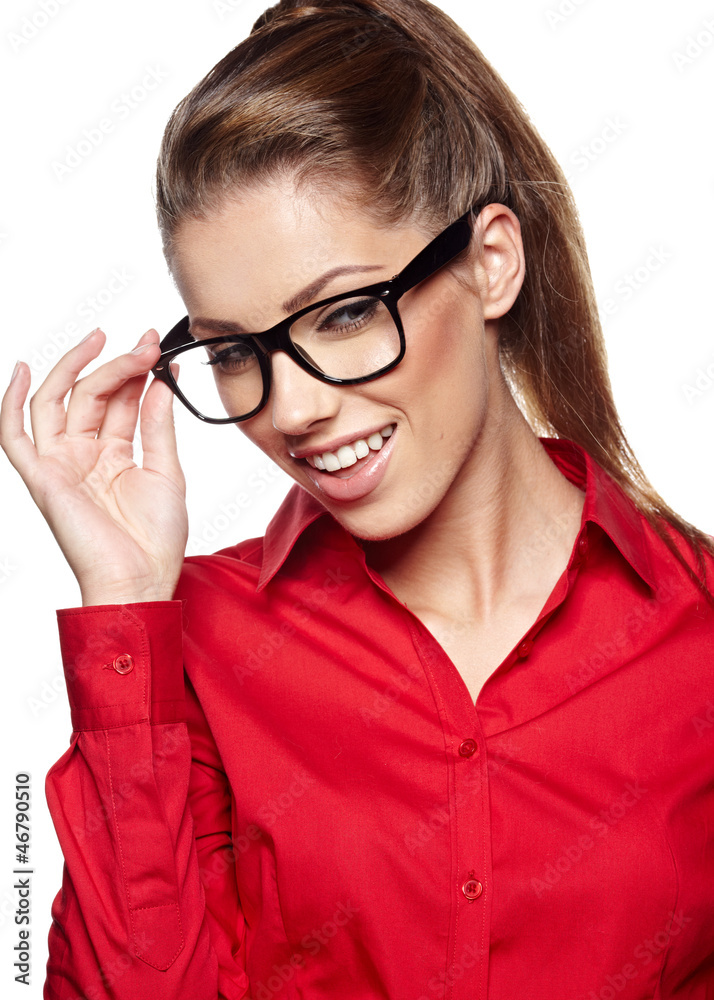 Business woman in glasses reflects, isolated on white background
