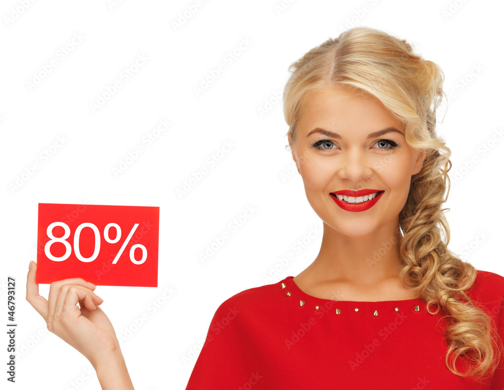 lovely woman in red dress with discount card lovely woman in red dress with discount card