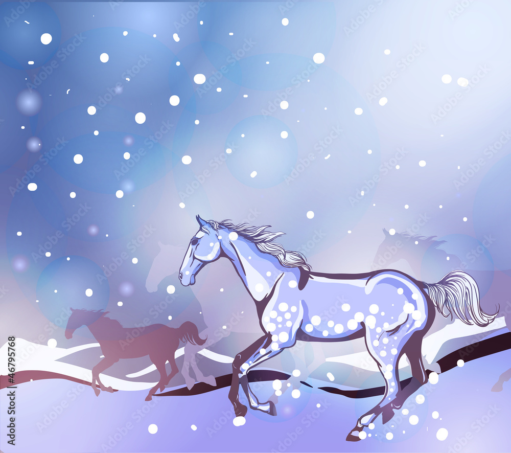 Horses running in winter field