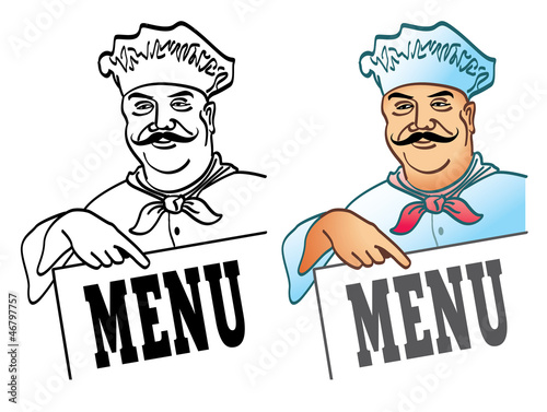 Chef points his finger in the hood, vector