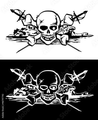 Skull bones amid swords and mysterious island, vector