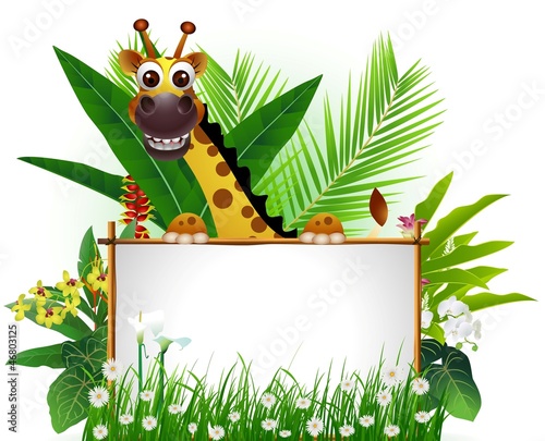 cute giraffe with blank sign and tropical forest