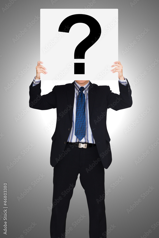 Businessman holding paper show question mark Businessman holding paper show question mark