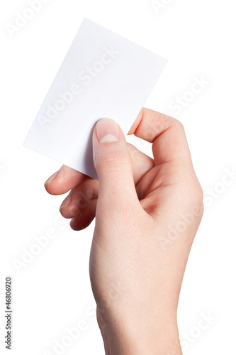 Hand of women holding blank paper label © Gresei