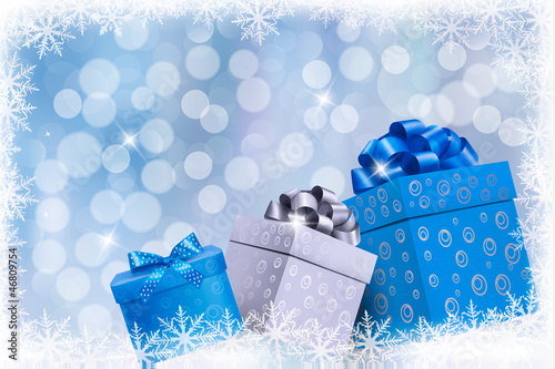 Christmas blue background with gift boxes. Vector