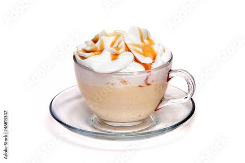 Coffe cocktail with caramel in glass cup