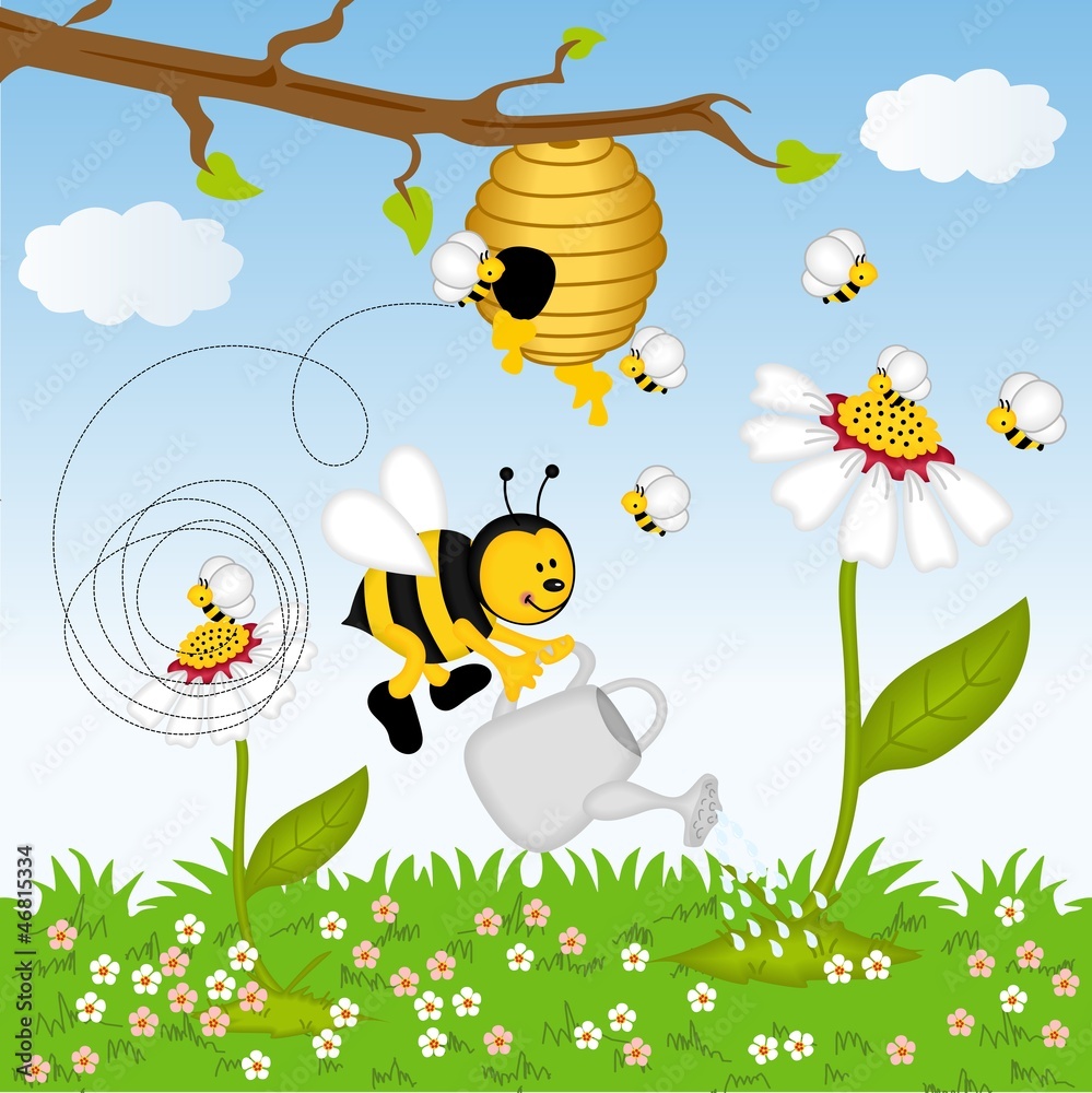 Bee watering flower in the forest - obrazy, fototapety, plakaty 