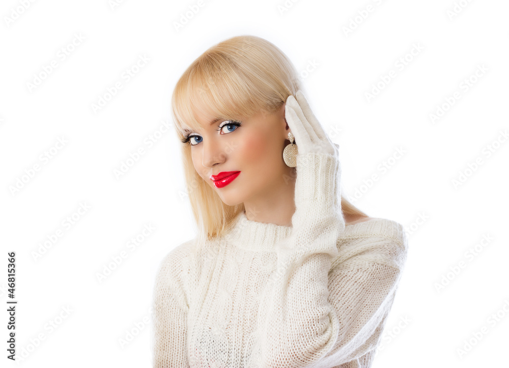 Beautiful blonde woman in white sweater with red lips Beautiful blonde woman in white sweater with red lips
