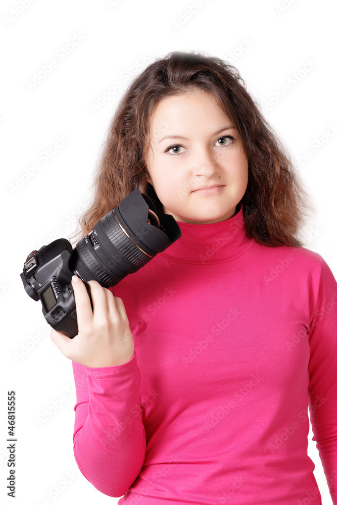 pretty curly girl with camera isolated