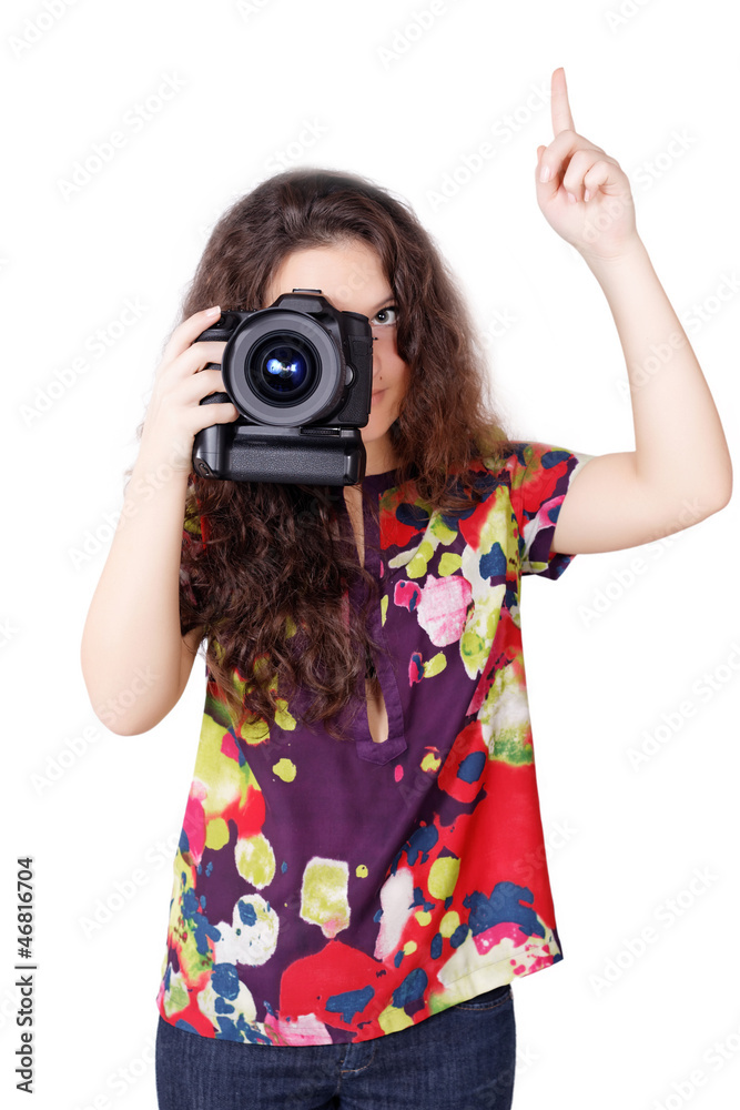 Cute curly girl with camera isolated Cute curly girl with camera isolated