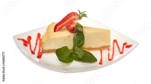 a piece of strawberry cheesecake on whit