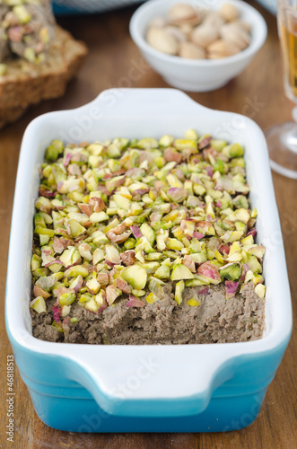 Chicken liver pate with pistachios close up
