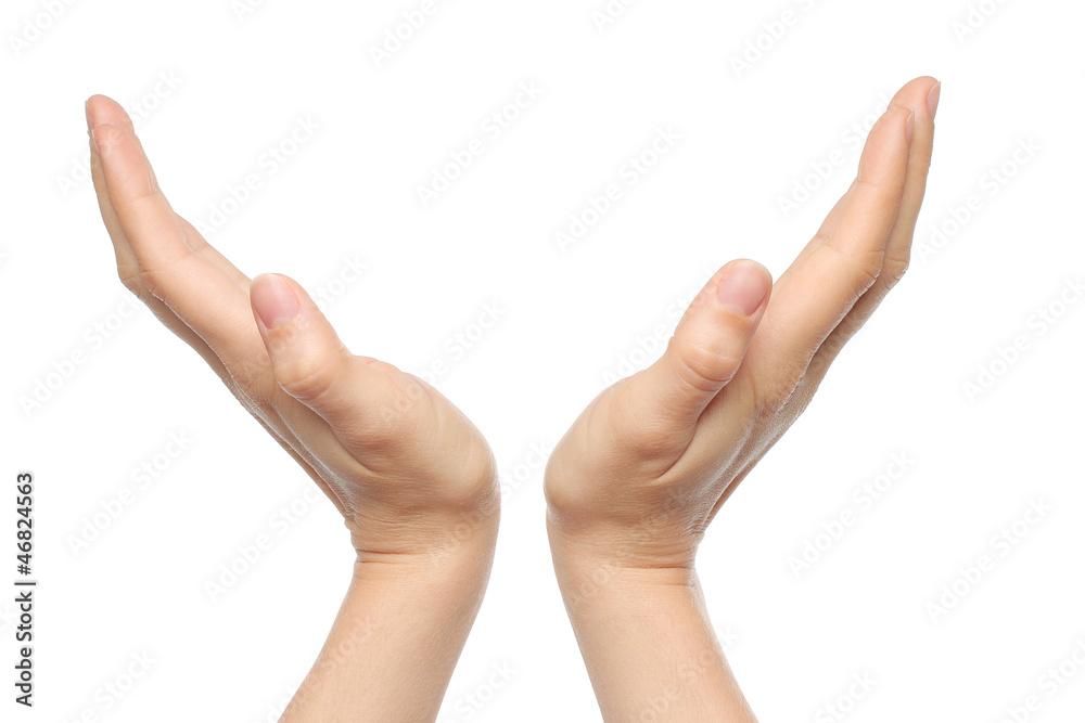 Two open woman hands on white background Two open woman hands on white background