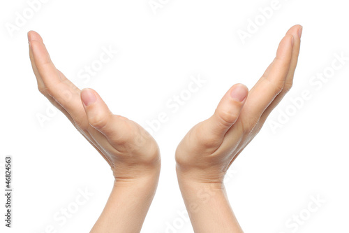 Two open woman hands on white background