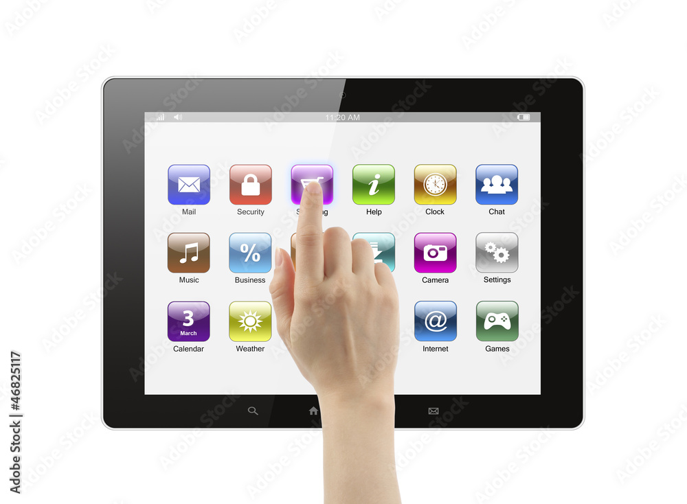 Hand pushing icon on tablet pc on white background Hand pushing icon on tablet pc on white background