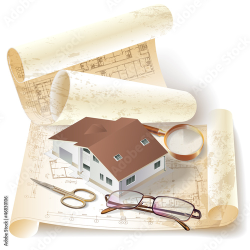Grunge architectural background with a building model