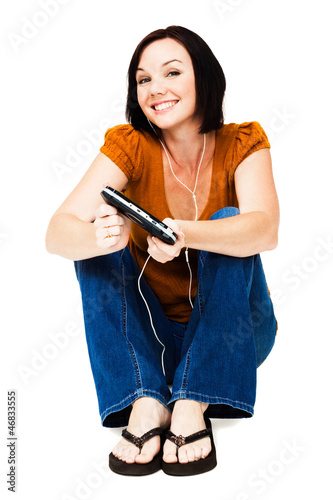 Sitting woman listening media player