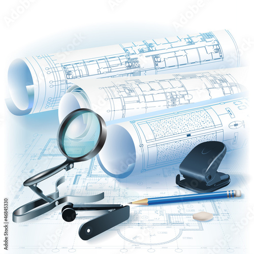 Architectural background with drawing tools