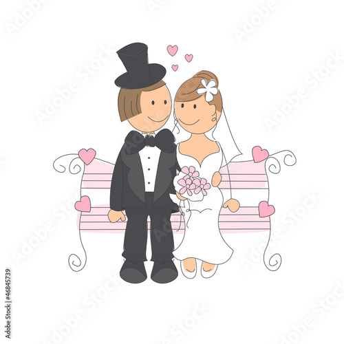Wedding couple on a  park bench