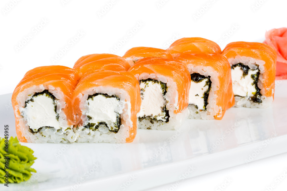 Sushi (Roll unagi maki syake) on a white background Sushi (Roll unagi maki syake) on a white background