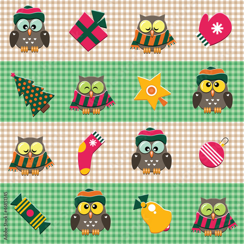 Checked pattern with christmas decorations and cute owls