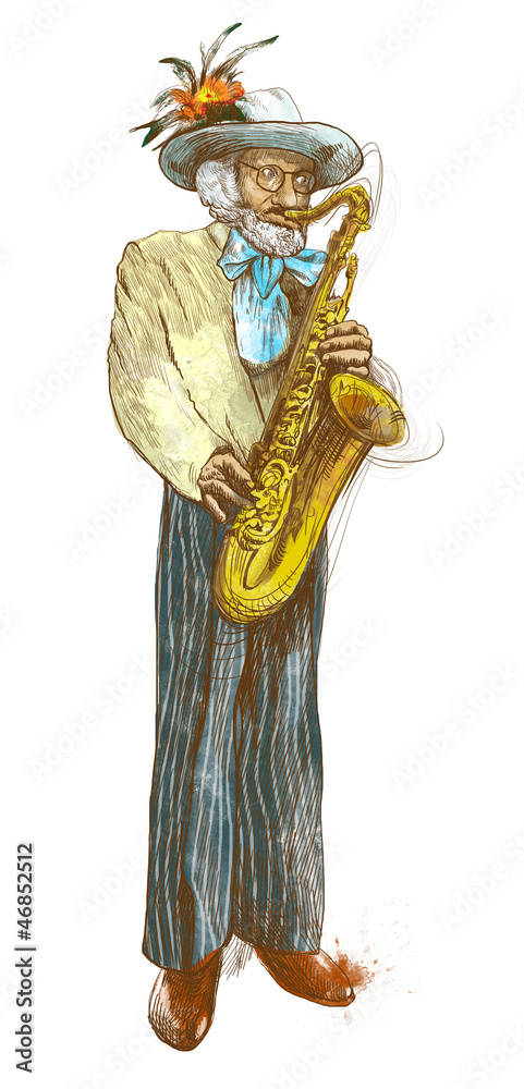 sax player. old man - hand drawing