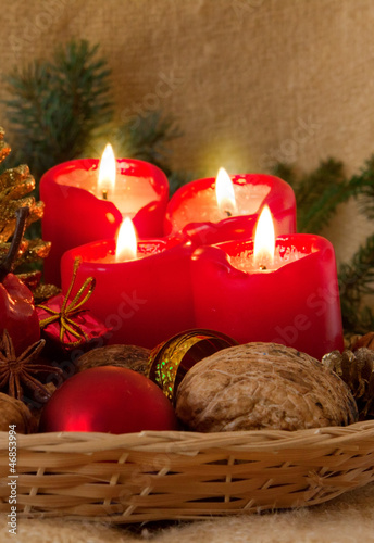 Four Advent candles and decoration. 