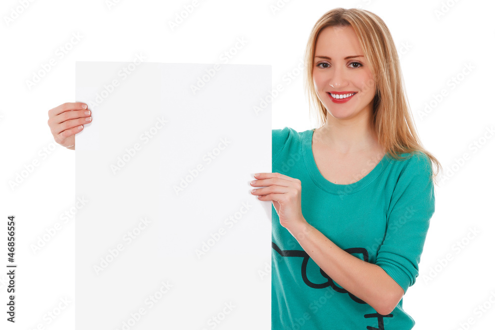 woman with blank white board on white background woman with blank white board on white background