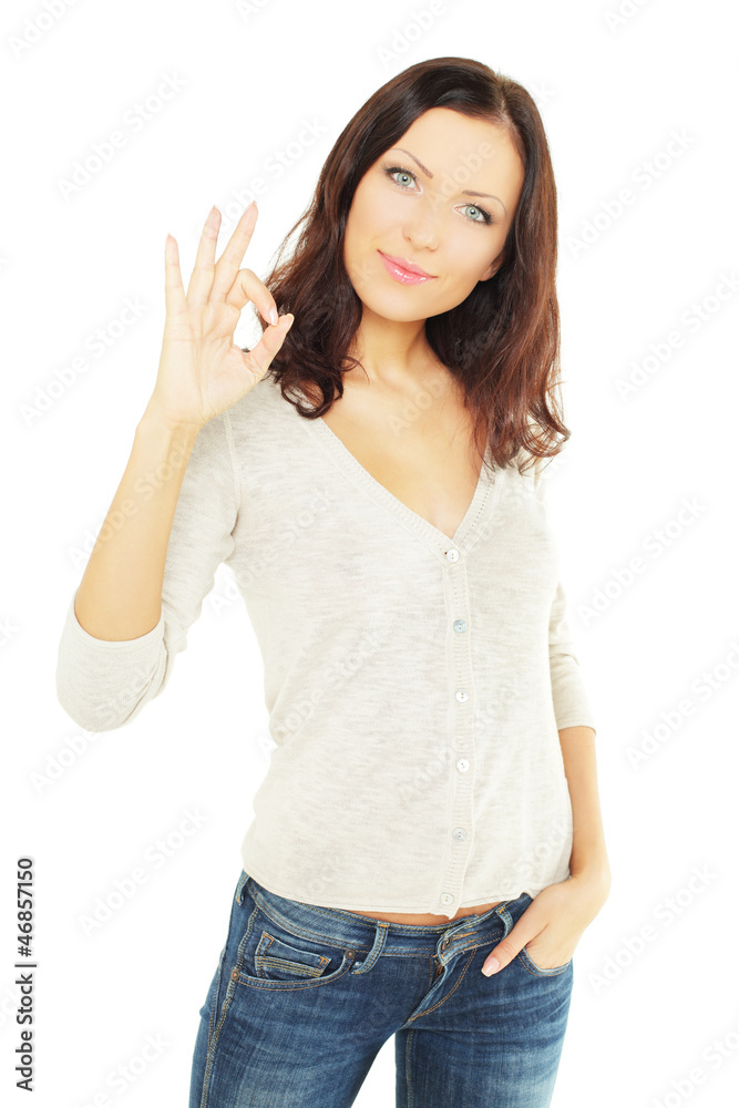 Smiling woman student with ok sign Smiling woman student with ok sign