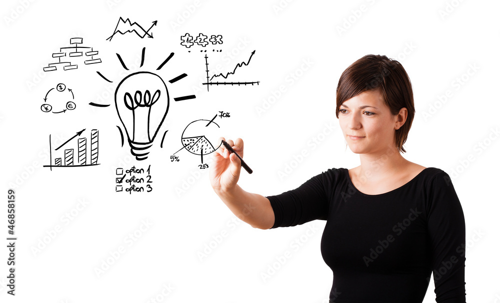 Young business woman drawing light bulb with various diagrams an Young business woman drawing light bulb with various diagrams an