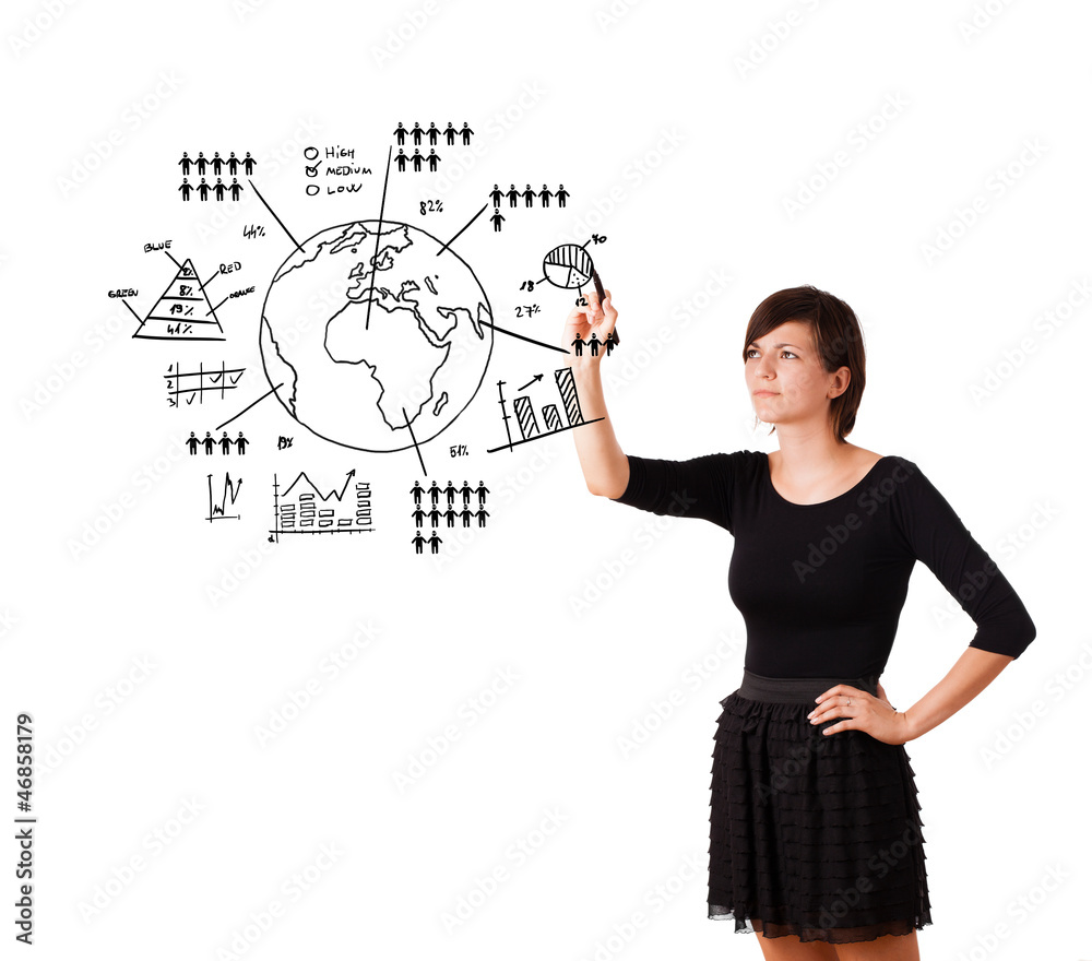 Young woman drawing globe with diagrams isolated on white Young woman drawing globe with diagrams isolated on white