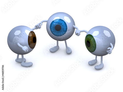 three eyeball with arms and legs in different colors holding han