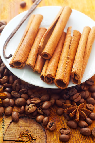 cinnamon and coffee on the white plate