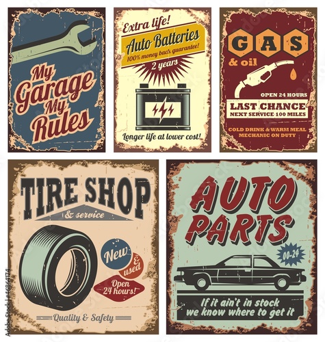 Vintage car metal signs and posters