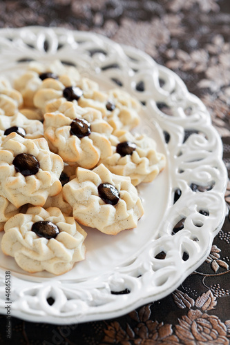 Traditional Christmas cookies with jam (Kuraby), selective focus photo