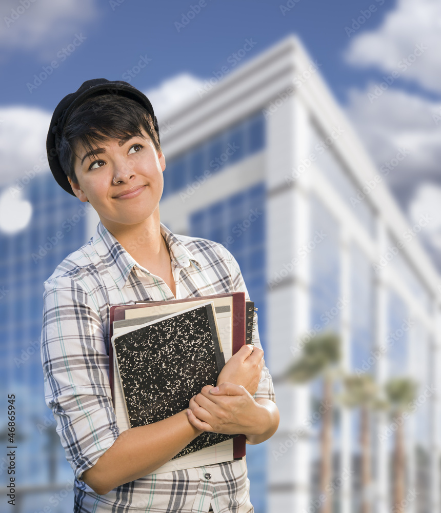 Mixed Race Female Student Holding Books in Front of Building Mixed Race Female Student Holding Books in Front of Building