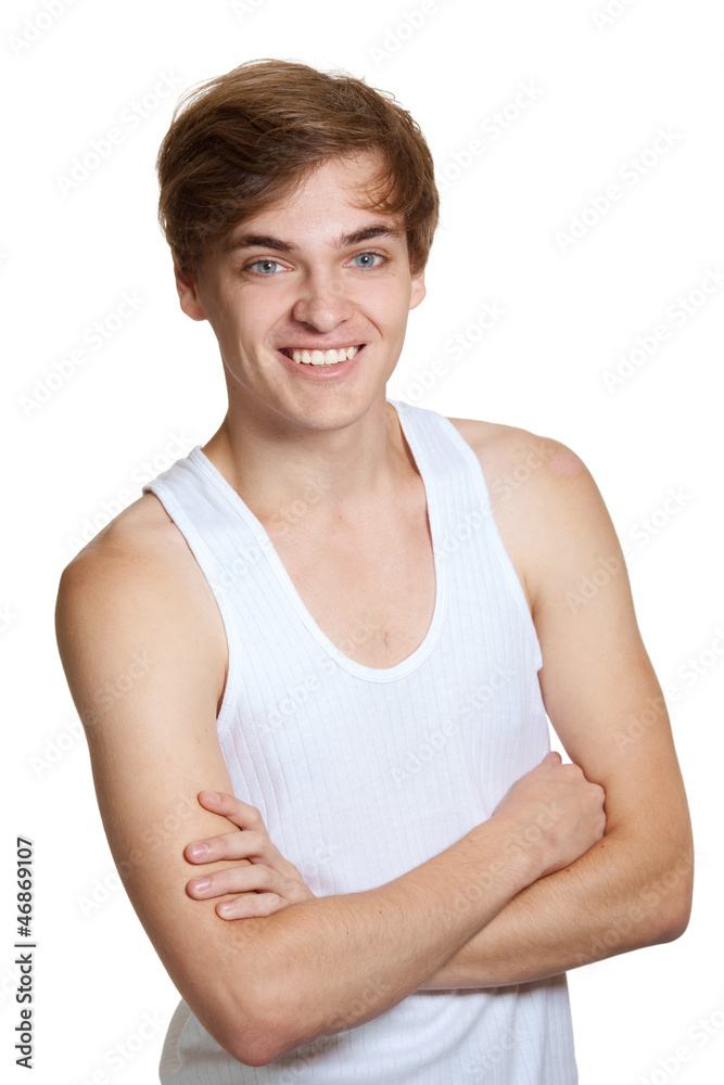young happy man in a white T-shirt isolated on white