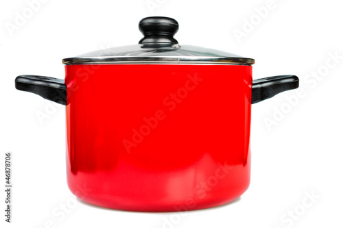 Red cooking pot wit glass lid isolated on white